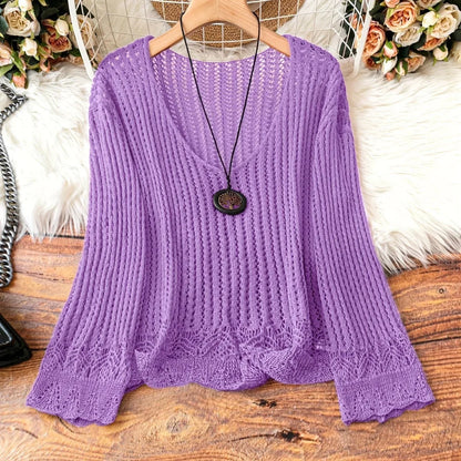 Hollow-out Spring And Summer Long Sleeves Knitted V-neck Plus Size Women's Long-sleeved Sweater - Gizmo Galaxy