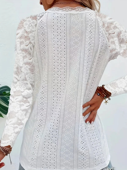 Contrast Lace V-neck Eyelet T-Shirt - Gizmo Galaxy