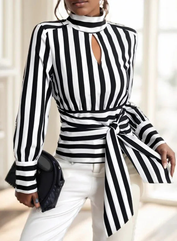 Ladies' Striped Long-sleeved Top - Gizmo Galaxy