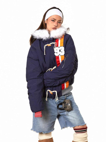 Horn Button Ribbon Short Fur Collar Cotton Coat - Gizmo Galaxy