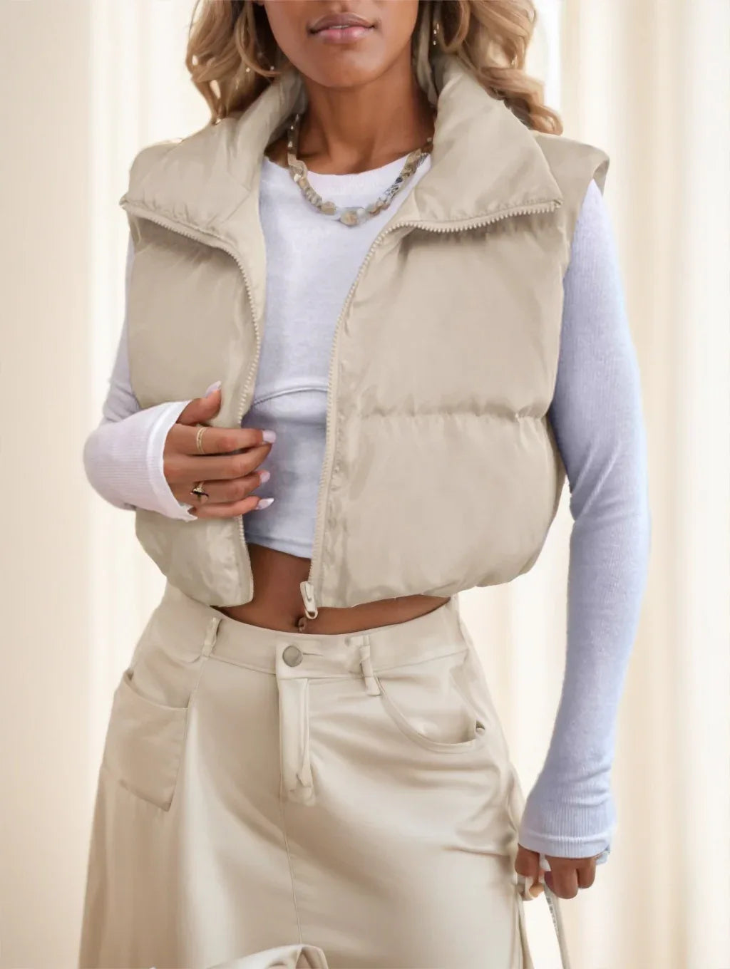 Zipper Front Casual Vest Khaki Winter Coat - Gizmo Galaxy