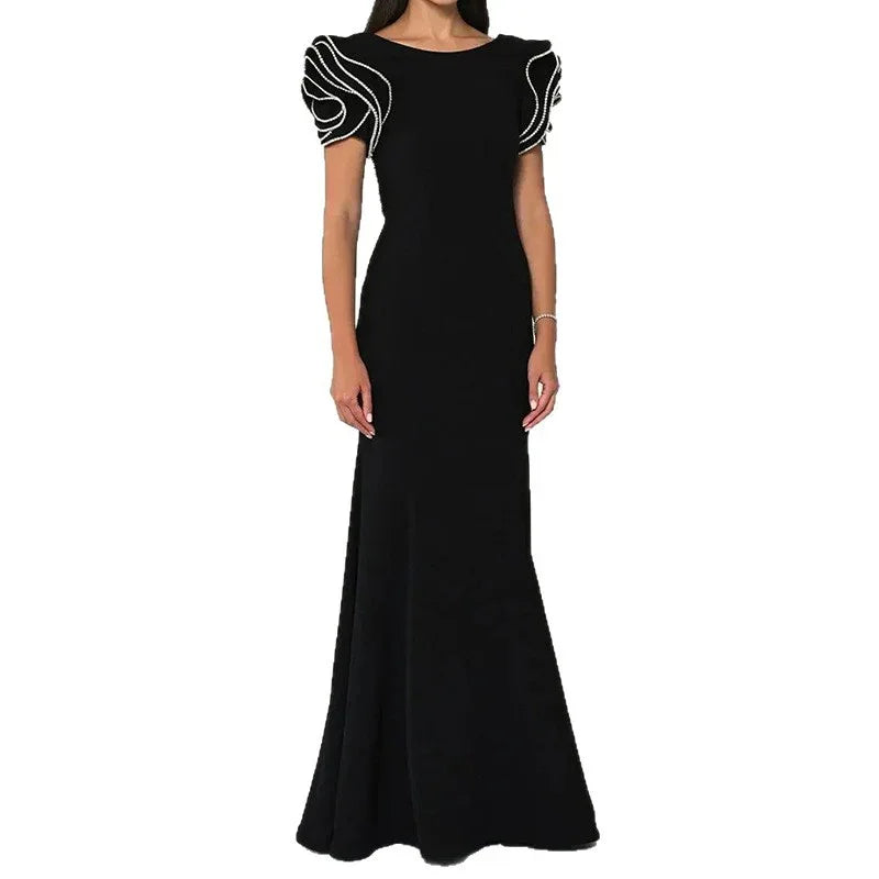 Round Neck Petal Sleeve Fishtail Skirt Dress - Gizmo Galaxy