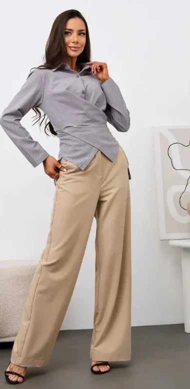 Women's Designer-style Shirt With A Turn-down Collar Slanted Front Placket And A Fitted Waist - Gizmo Galaxy