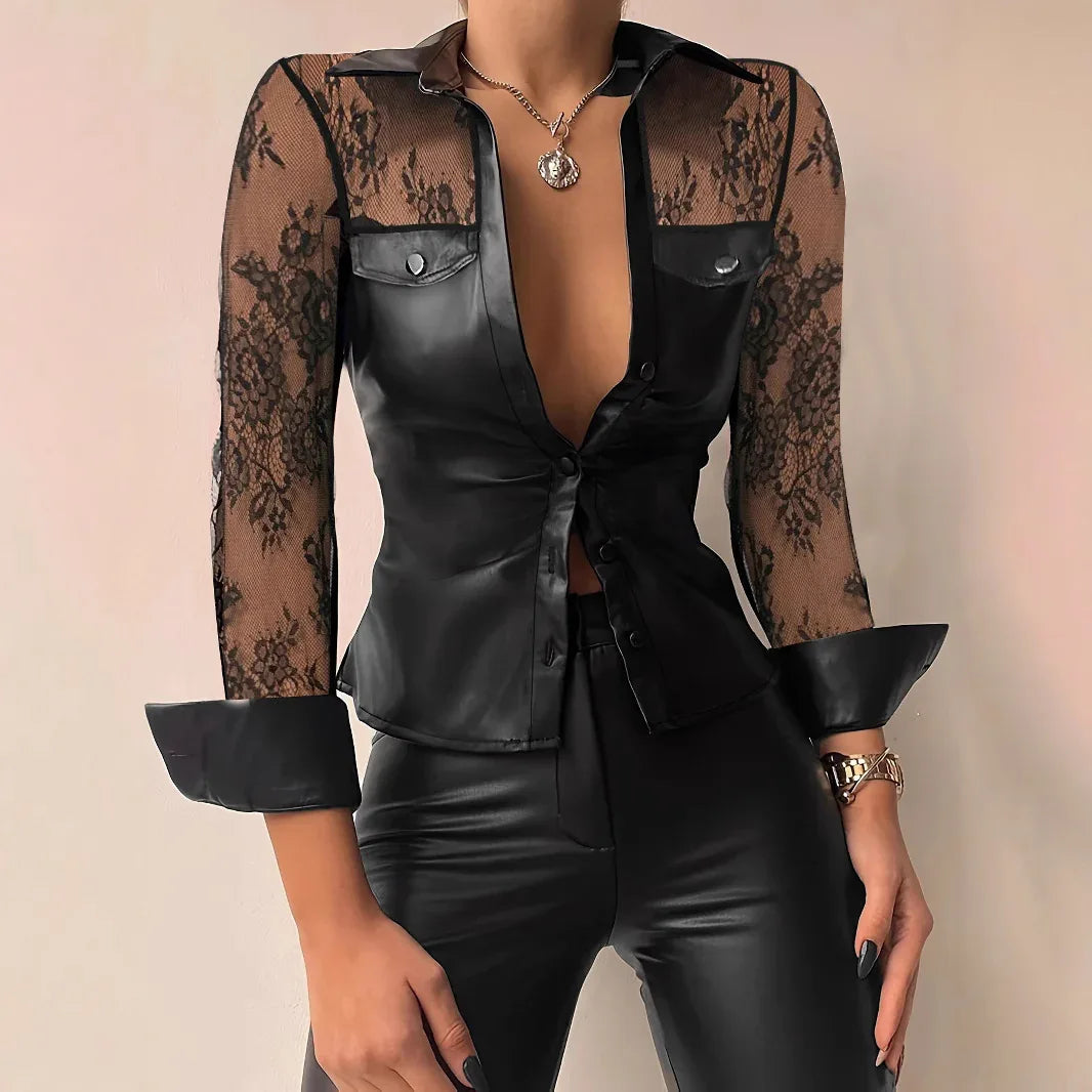 Lace Stitching PU Leather Shirt For Women - Gizmo Galaxy
