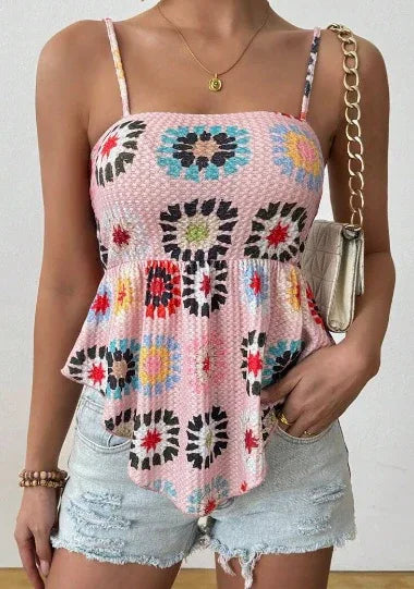 Women's Vacation Hibiscus Printed Ruffle Hem Casual Camisole Top Graphic Tees - Gizmo Galaxy