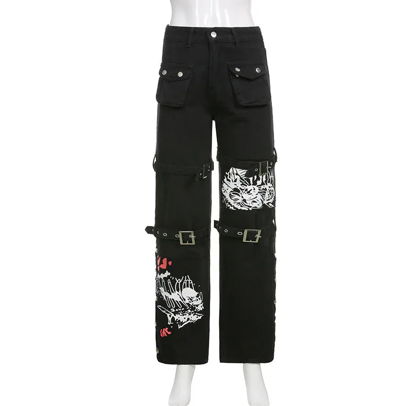 Street Cool Style Printed Metal Buckle Women's Denim Pants - Gizmo Galaxy