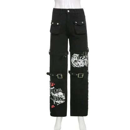 Street Cool Style Printed Metal Buckle Women's Denim Pants - Gizmo Galaxy