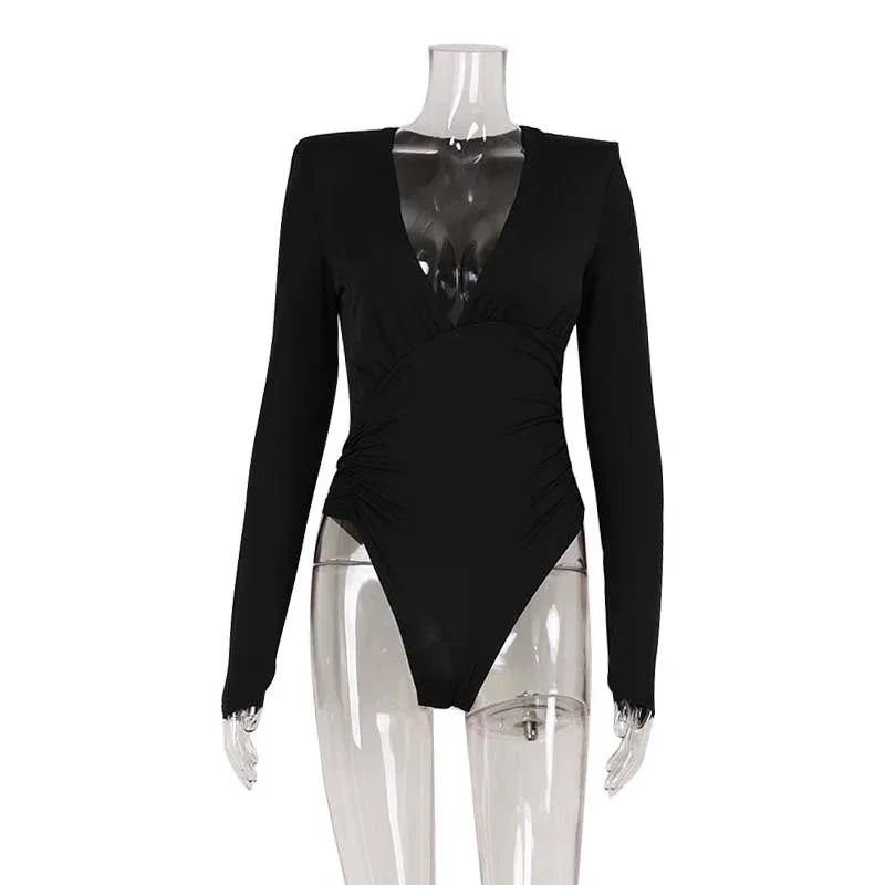 Solid Color High-end Deep V Long-sleeve Padded Shoulder High-elastic Skin-tight Slimming Bodysuit - Gizmo Galaxy