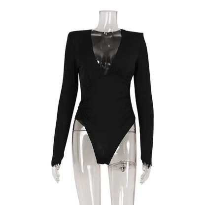 Solid Color High-end Deep V Long-sleeve Padded Shoulder High-elastic Skin-tight Slimming Bodysuit - Gizmo Galaxy