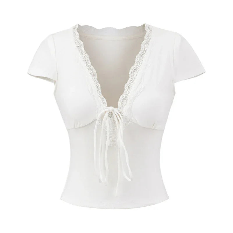 European And American Style Slim Chest Pad Lace V-neck Short Sleeve - Gizmo Galaxy