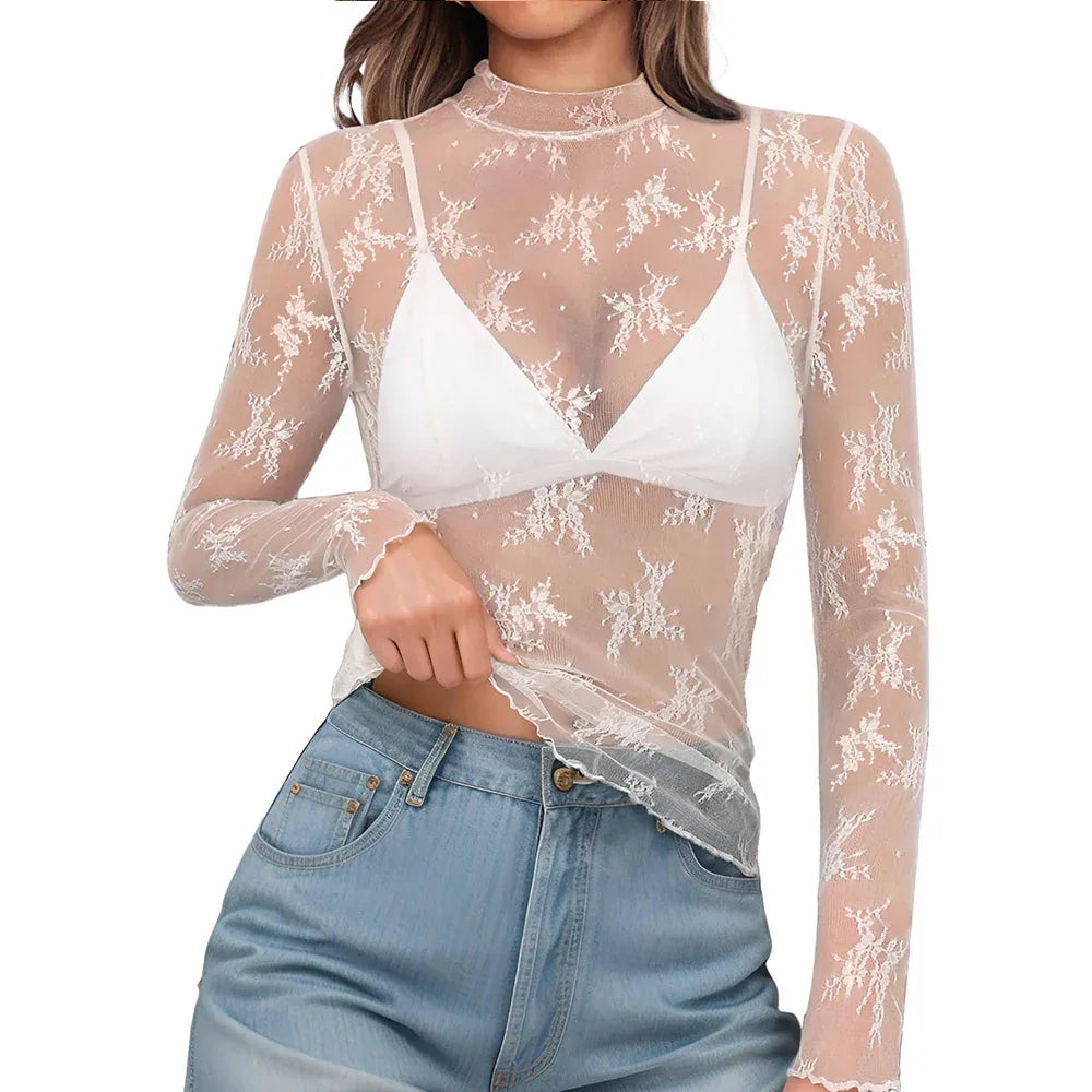 Women's Semi High Neck Sheer Long Sleeve TShirt Sexy Y2K Mesh Top - Gizmo Galaxy