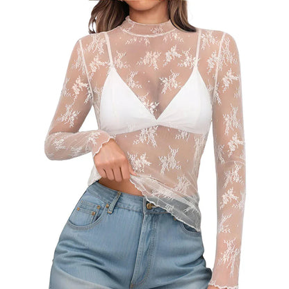 Women's Semi High Neck Sheer Long Sleeve TShirt Sexy Y2K Mesh Top - Gizmo Galaxy