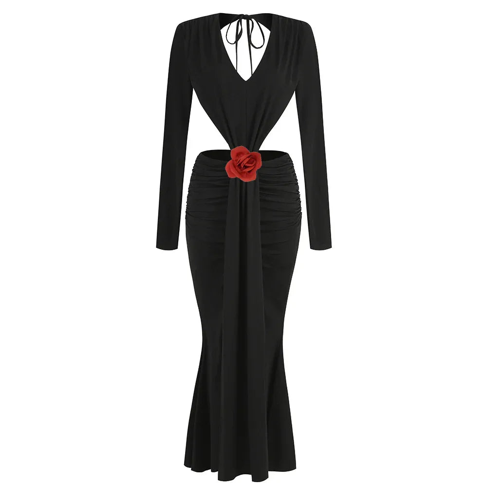 Sexy V-neck Backless Long Sleeves Skirt Waist Decorative Flower Split Fishtail Gown Dress Long - Gizmo Galaxy
