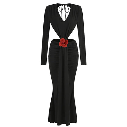 Sexy V-neck Backless Long Sleeves Skirt Waist Decorative Flower Split Fishtail Gown Dress Long - Gizmo Galaxy