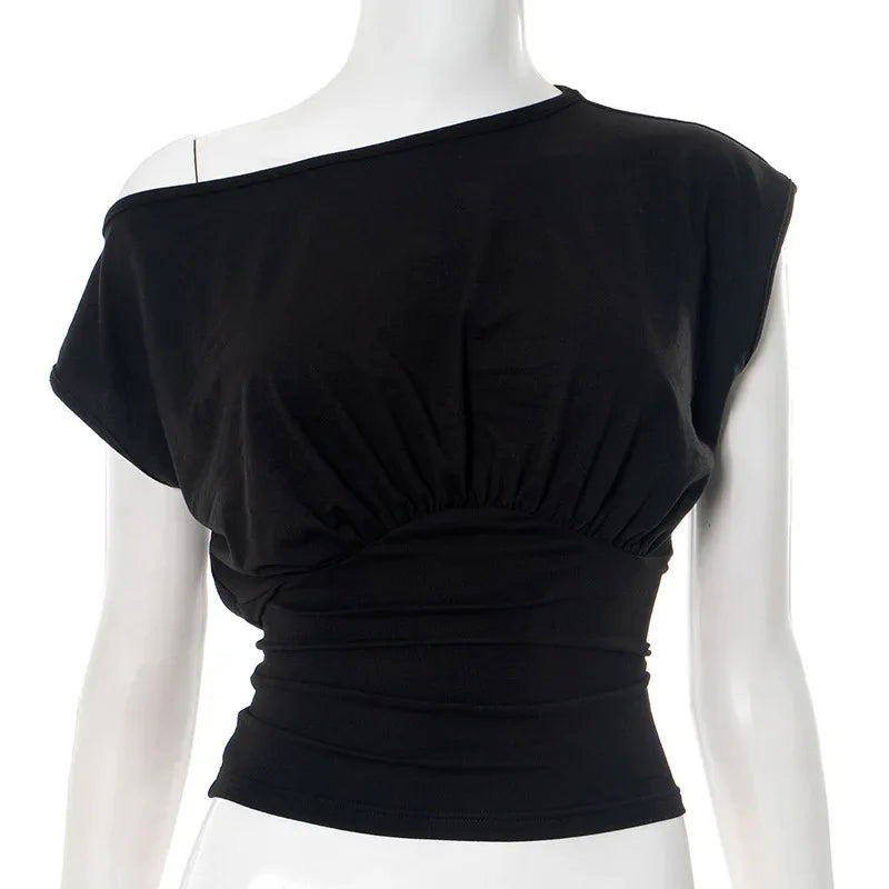 Women's Shoulder Diagonal Collar Waist-controlled Top - Gizmo Galaxy