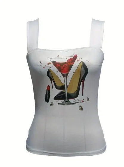 Ladies' Fashionable And Versatile Wide Shoulder Strap High Heels, Red Wine Lipstick Printed Pattern Camisole Vest - Gizmo Galaxy