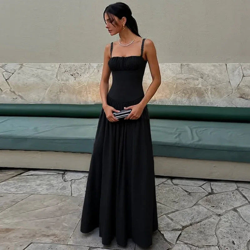 Off-neck Pleated Stitching High Waist Slimming Solid Color Sling Dress - Gizmo Galaxy