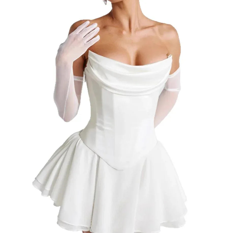 French Solid Color Tube Top Dress With Sleeves - Gizmo Galaxy
