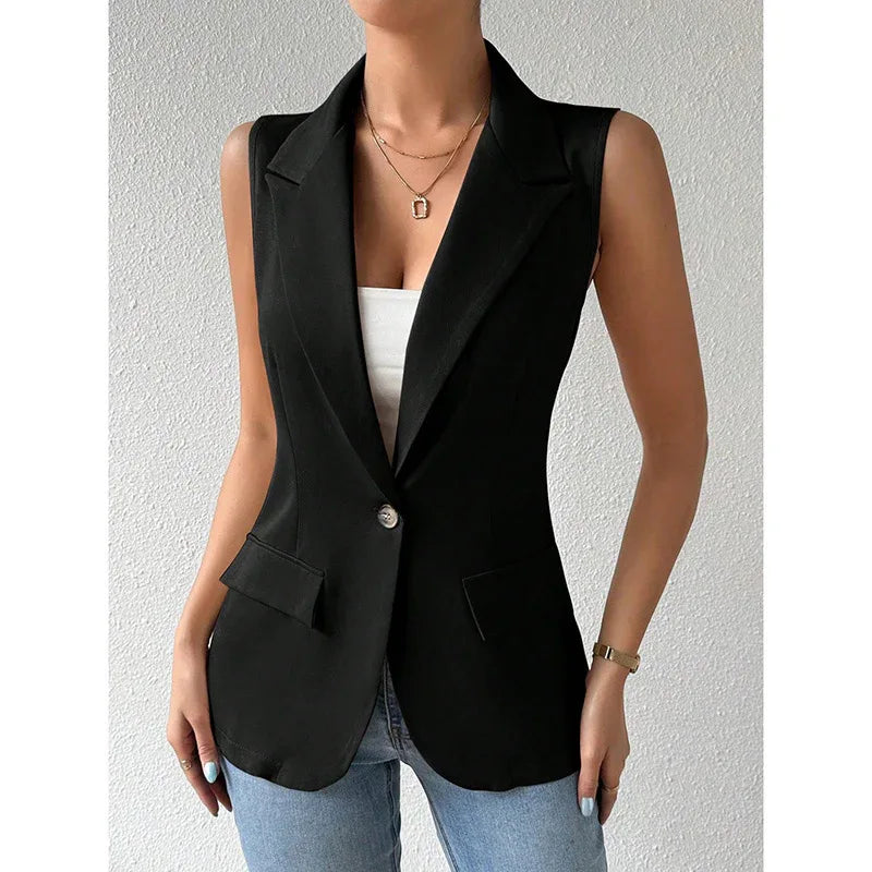 Women's Sleeveless Vest Blazer Casual Open Front Work Office Tops Jacket - Gizmo Galaxy