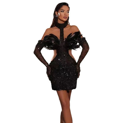 Dress Halter Feather Sequins Short Hip Skirt With Gloves Dress - Gizmo Galaxy