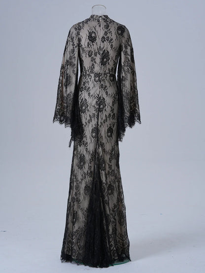 Long Sleeve Round Neck Sexy Lace Banquet Dress - Gizmo Galaxy