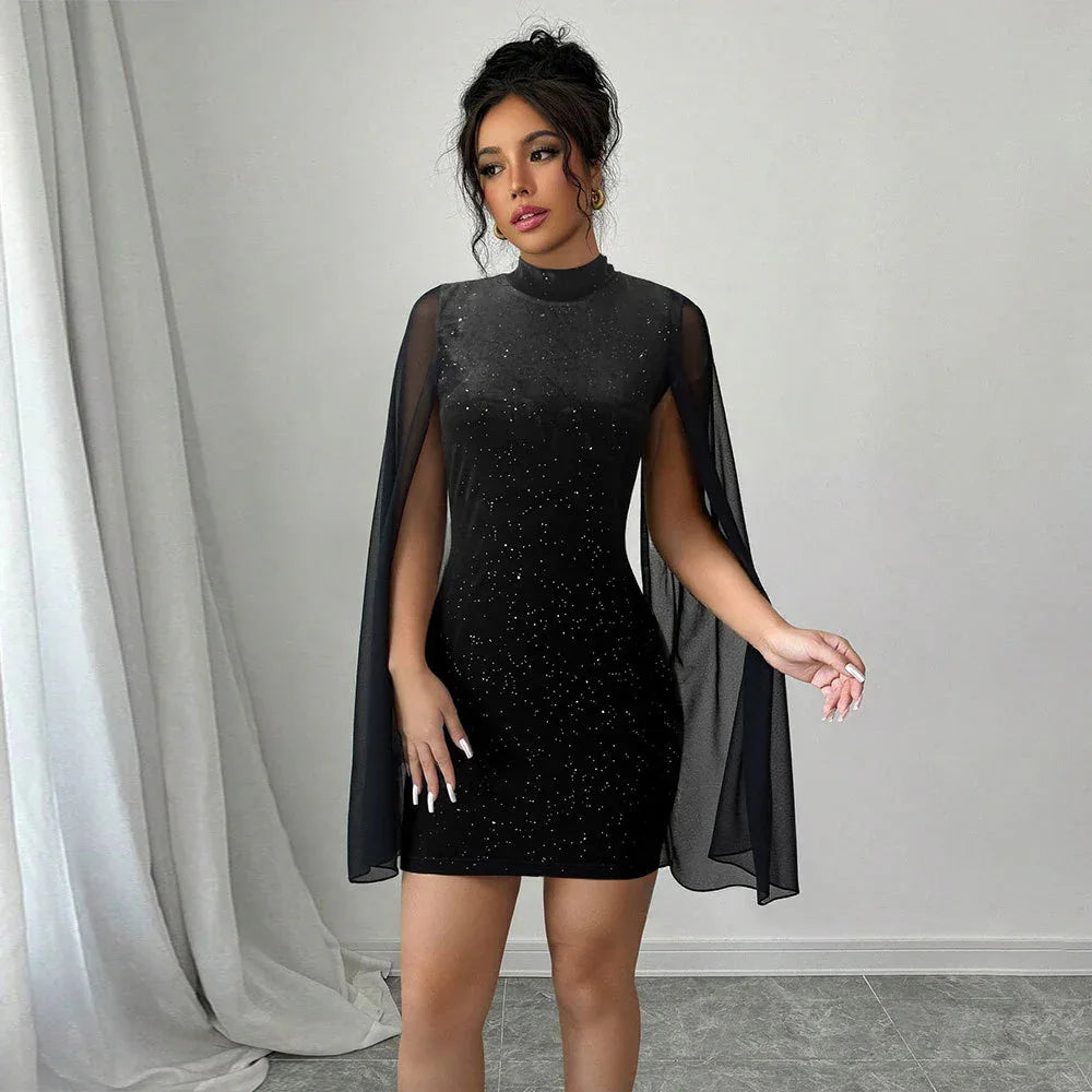 Stylish High-neck Dress Black Featuring Sparkling Rhinestones And Sequins Figure-hugging Fit Short Sleeves Mesh Patchwork - Gizmo Galaxy