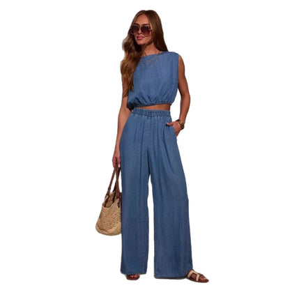 Women's Casual Personality Denim Tube Top Braided Rope Wide Leg Pants Set - Gizmo Galaxy