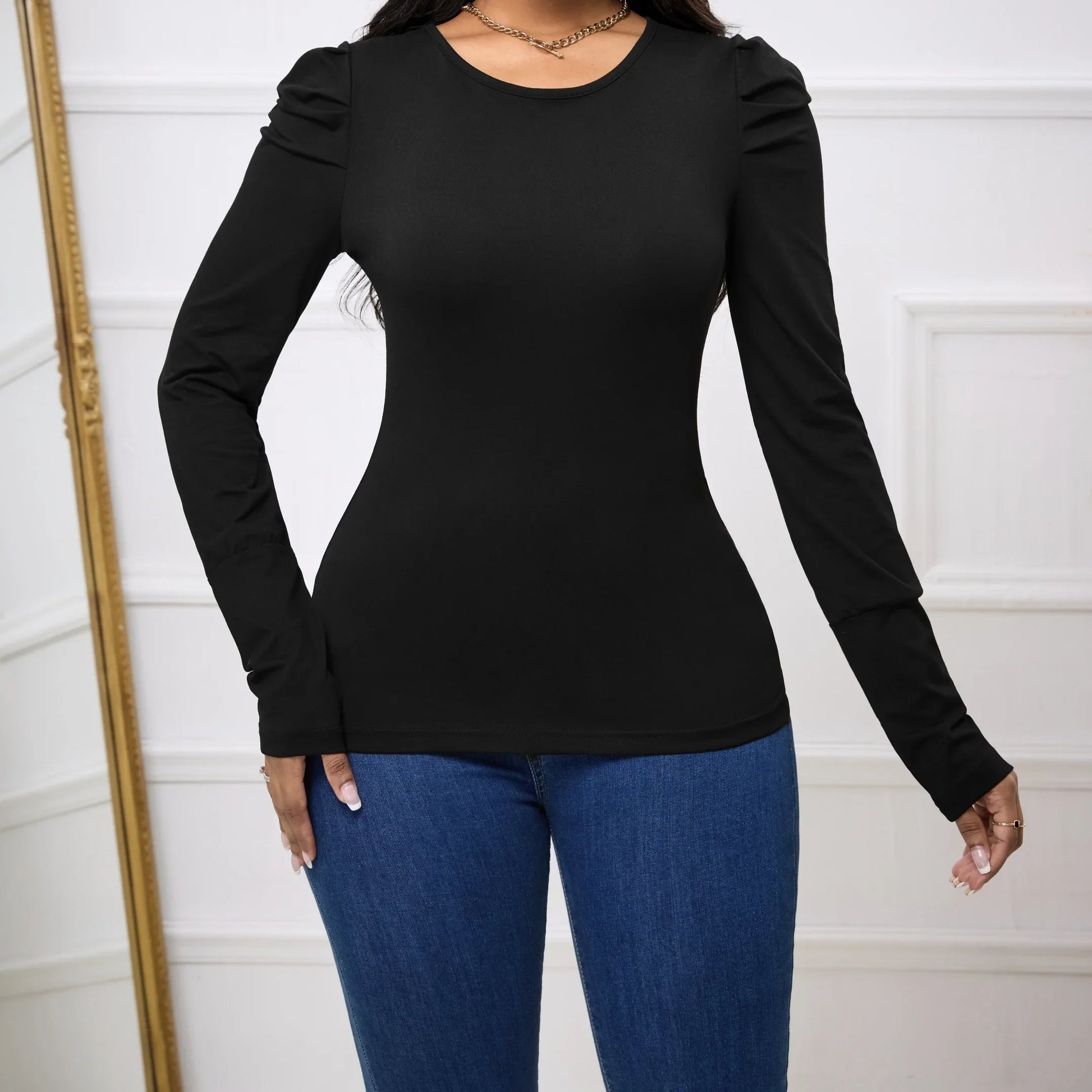 Women's Solid Color Round Neck Bubble Sleeves Slim Fit And Slimming Basic Simple And Versatile Long Sleeved T-shirt - Gizmo Galaxy