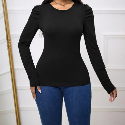 Women's Solid Color Round Neck Bubble Sleeves Slim Fit And Slimming Basic Simple And Versatile Long Sleeved T-shirt - Gizmo Galaxy