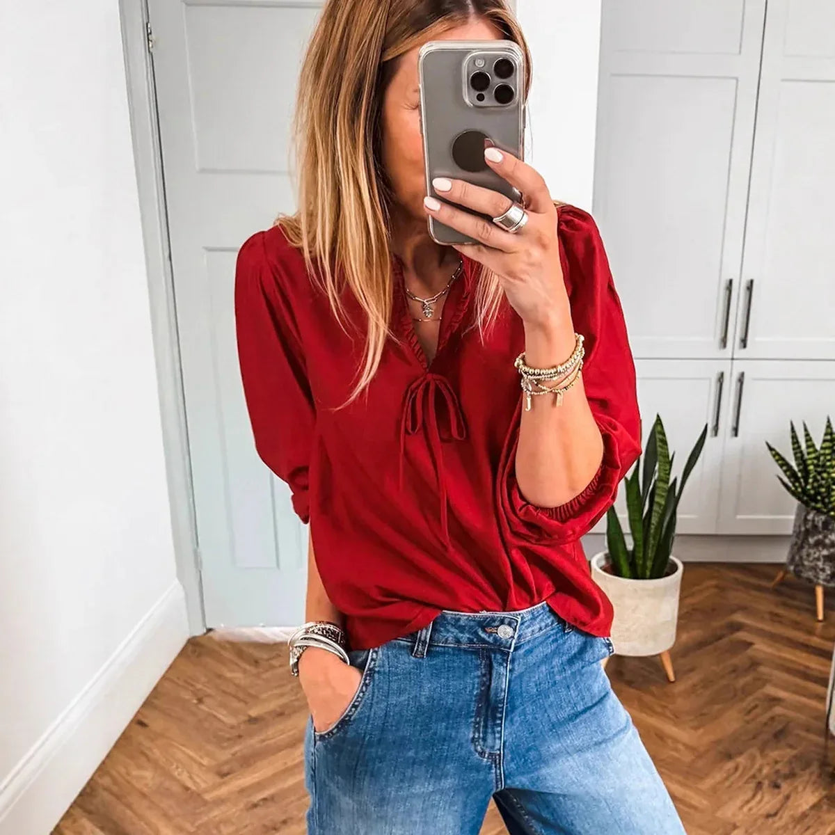 Women's Solid-color V-neck Long-sleeve Chiffon Blouse With Bow Tie Straps - Gizmo Galaxy