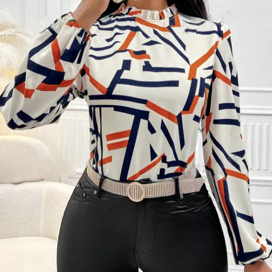 Ladies' Fashionable And Elegant Casual Printed Long Sleeved Shirt Top With Elegant Orientation - Gizmo Galaxy
