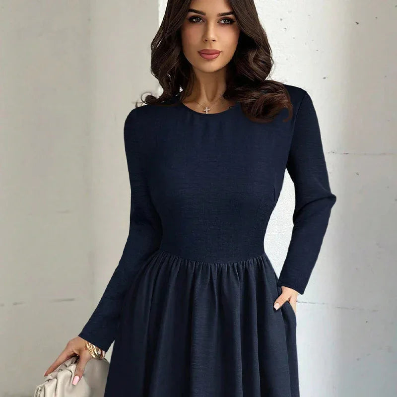 Elegant Long Sleeve Waist Cinching A Line Dress - Gizmo Galaxy