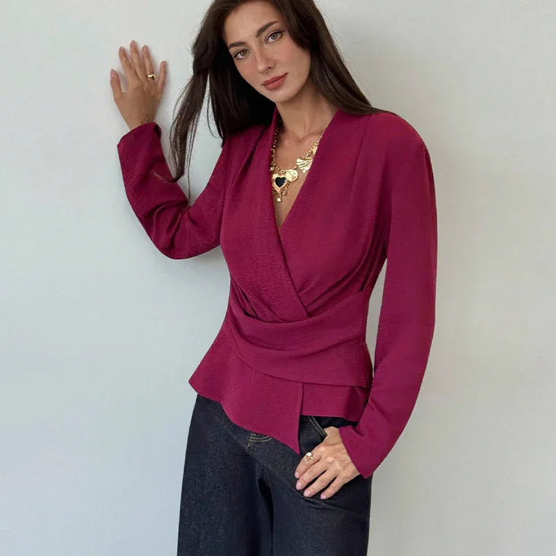 French Style Solid Color Long Sleeve Shirt Waist Slimming - Gizmo Galaxy