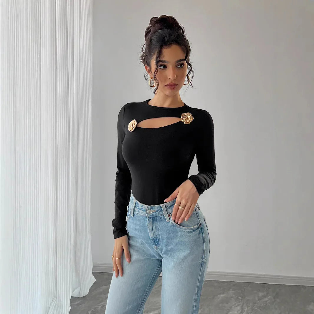 Women Hollow Rose Metal Decorative Black Tight Long Sleeve T-shirt - Gizmo Galaxy