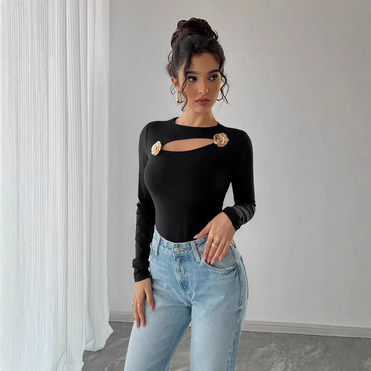 Women Hollow Rose Metal Decorative Black Tight Long Sleeve T-shirt - Gizmo Galaxy