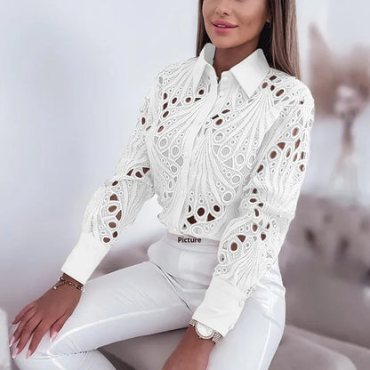 Versatile Commuter Lace Hollow-out Long Sleeve Shirt For Women - Gizmo Galaxy