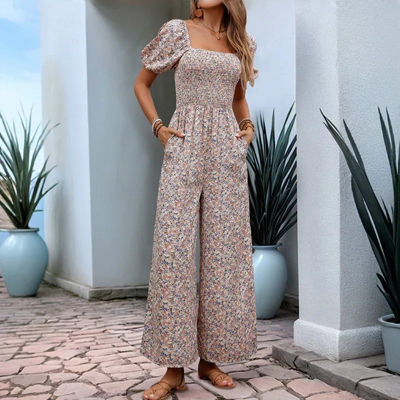 Square Collar Puff Sleeve Vacation Style Floral Jumpsuit - Gizmo Galaxy
