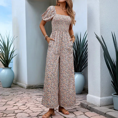 Square Collar Puff Sleeve Vacation Style Floral Jumpsuit - Gizmo Galaxy