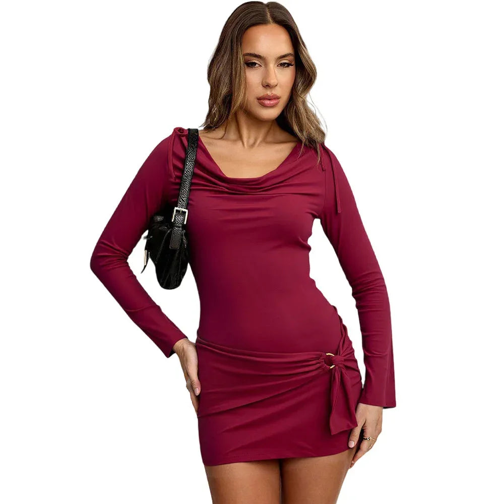 Sophisticated Mature-chic Design Wine-red Turtleneck Long-sleeve Figure-hugging Sheath Dress For Fall And Winter - Gizmo Galaxy