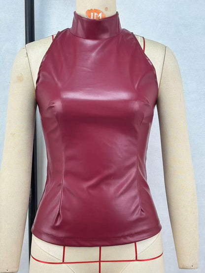 PU Leather Slim-fit Slimming Half Turtleneck Sleeveless Vest - Gizmo Galaxy