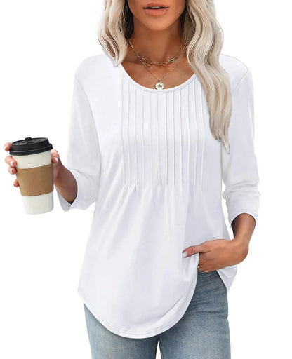 New Women's Long Sleeved Top, Fashionable And Casual Pleated Low Round Neck Women's T-shirt - Gizmo Galaxy