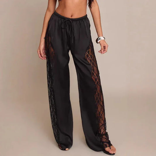 Fashionable Solid Color Sexy Satin Lace Loose Floor Length Pants - Gizmo Galaxy