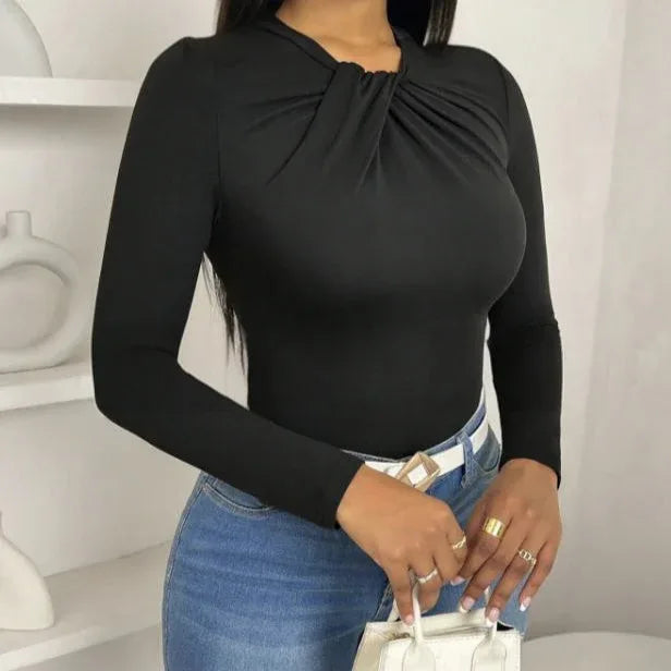 Women's Solid Color Pleated Collar Slim Fit Hip Hugging Long Sleeved T-shirt Top - Gizmo Galaxy
