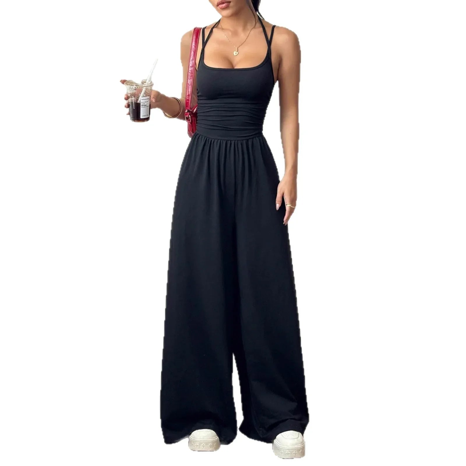 Black Camisole Waist Wide Leg Jumpsuit - Gizmo Galaxy