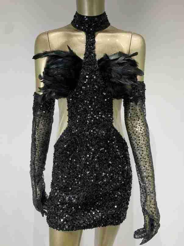 Dress Halter Feather Sequins Short Hip Skirt With Gloves Dress - Gizmo Galaxy