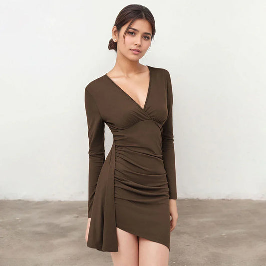 Designer-style Pleated Slim-fit Dress For Women Autumnwinter Deep Brown V-neck Long-sleeve Sheath Skirt With A Slit - Gizmo Galaxy