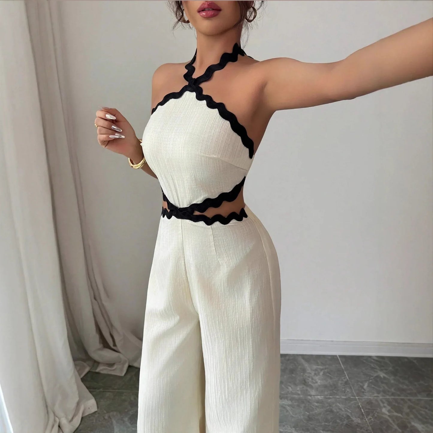 Women's Fashionable Wave Lace Texture Halter Stitching Hollow-out Jumpsuit - Gizmo Galaxy