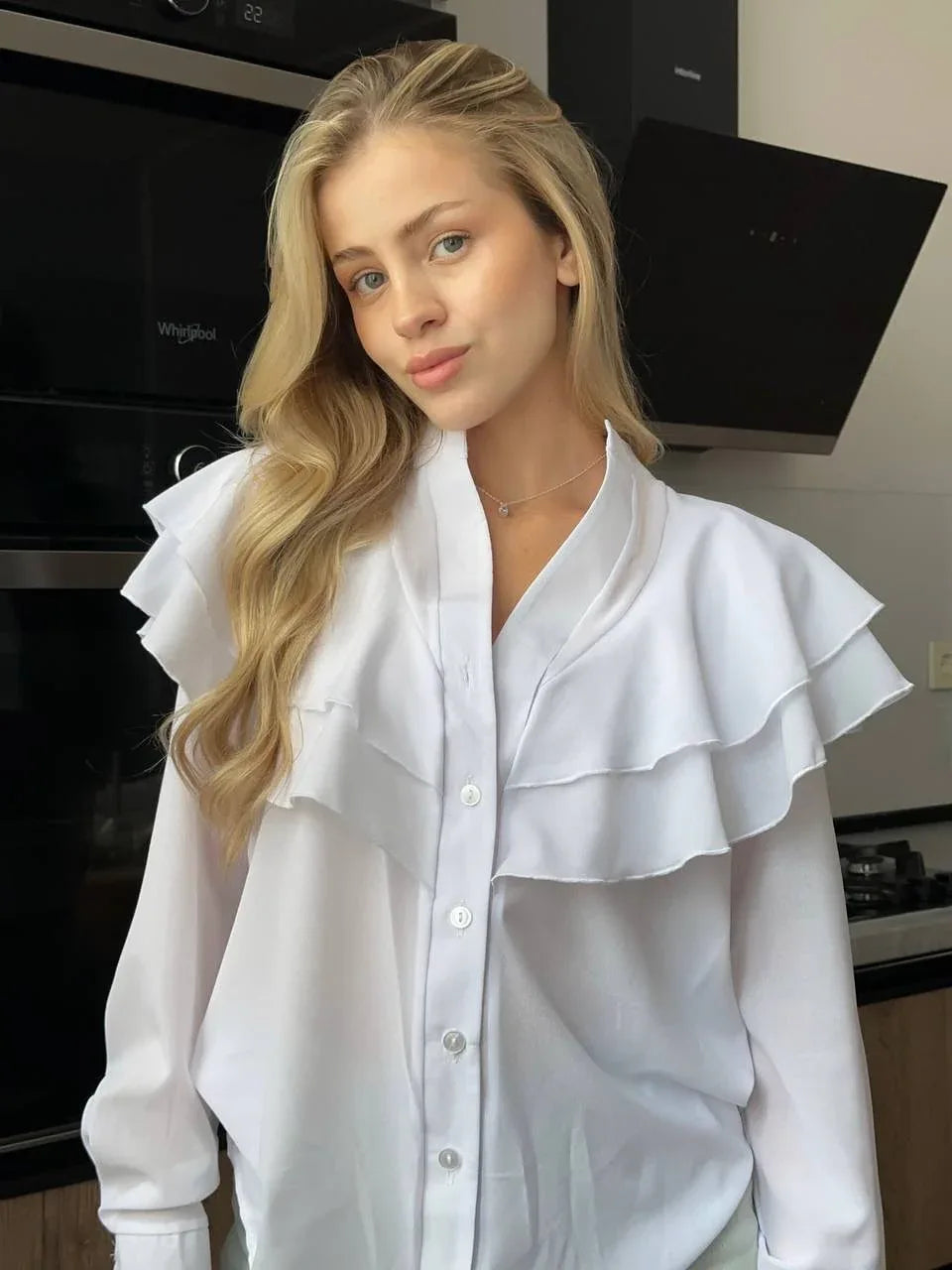 Casual Lotus Leaf V-neck Chiffon Women Temperament Shirt - Gizmo Galaxy