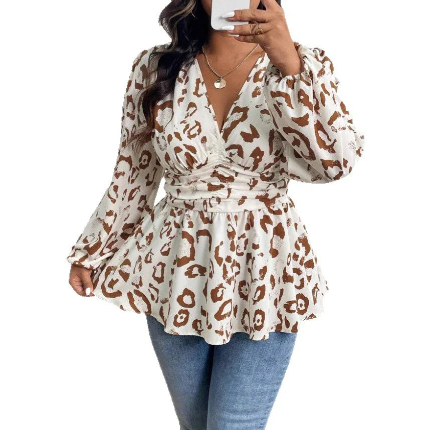 Leopard Print V-neck Long Sleeve Shirt - Gizmo Galaxy