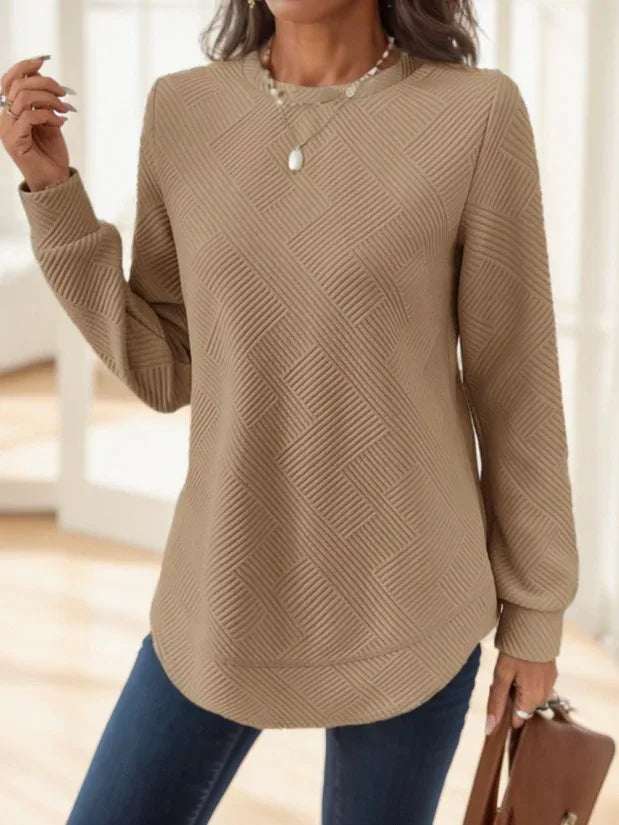 Women Casual Comfortable Waffle-Textured Asymmetrical Hem Crew Neck Sweatshirt - Gizmo Galaxy